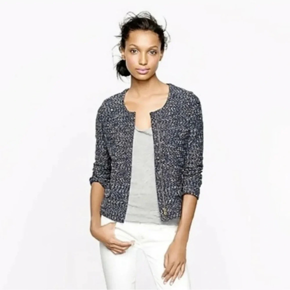 J.Crew Navy Micro Tweed Zip Front Sweater Jacket Small - Picture 2 of 11